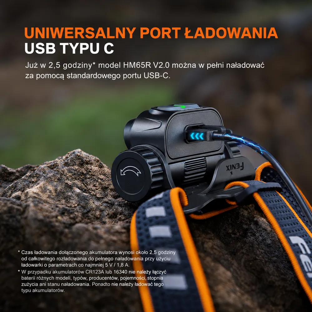 Latarka czołowa Fenix HM65R V2.0 - wodoszczelny port USB-C i norma IP68